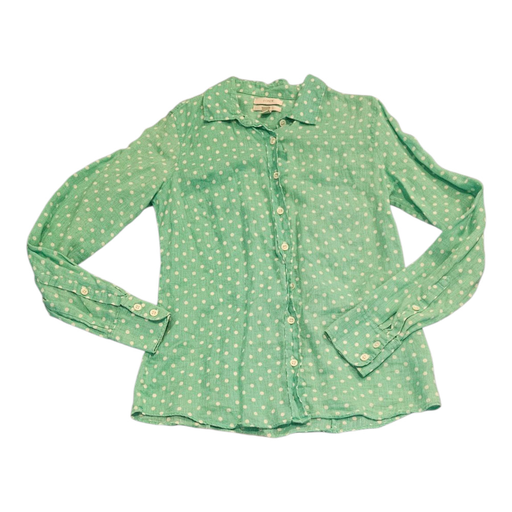 J. Crew Size 0 Green and White Polka Dot Long Sleeve Button Up Shirt